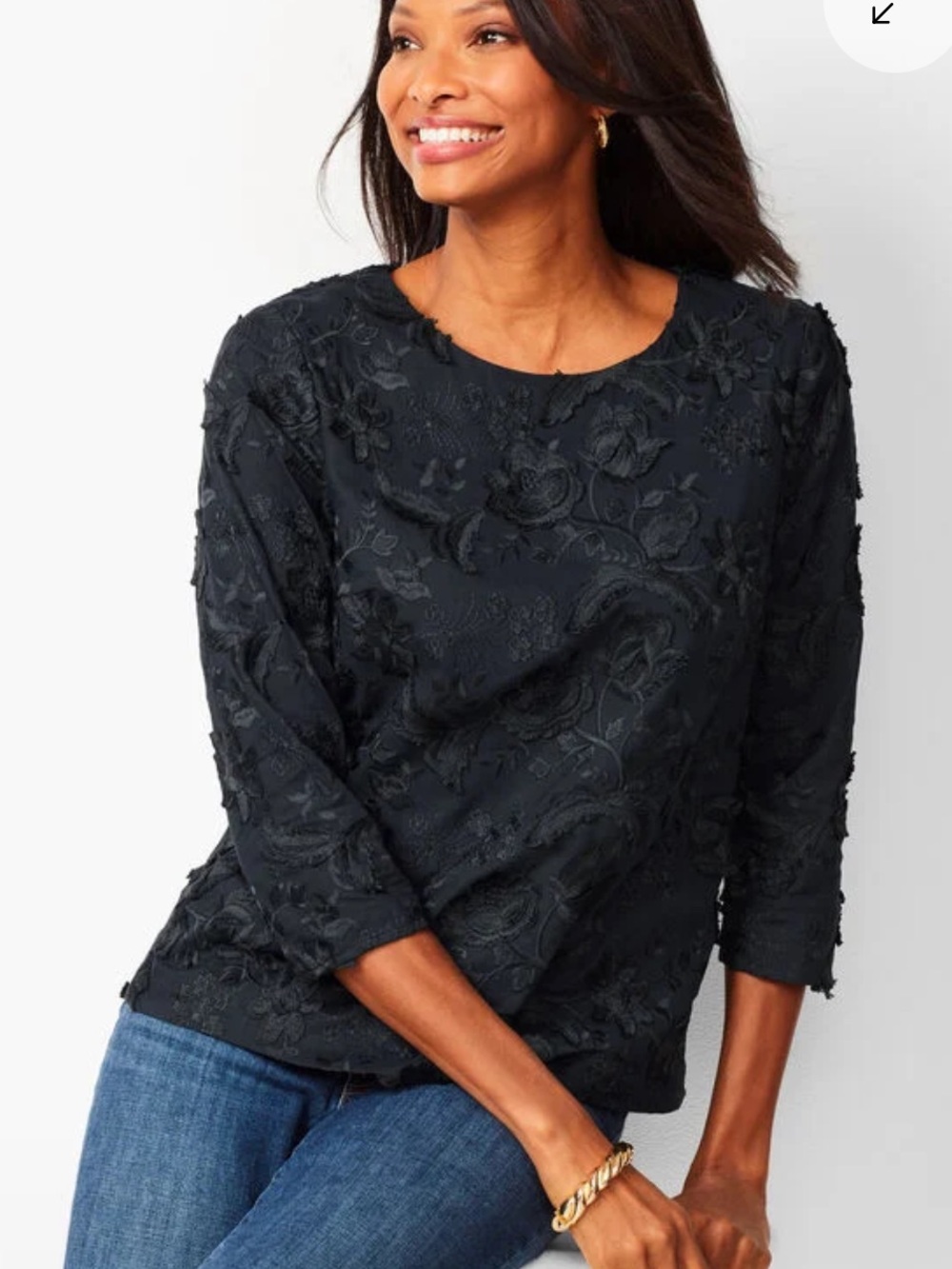 TALBOTS embroidered & appliqué DRESSY TOP 3/4 sleeve BLACK large 12/14